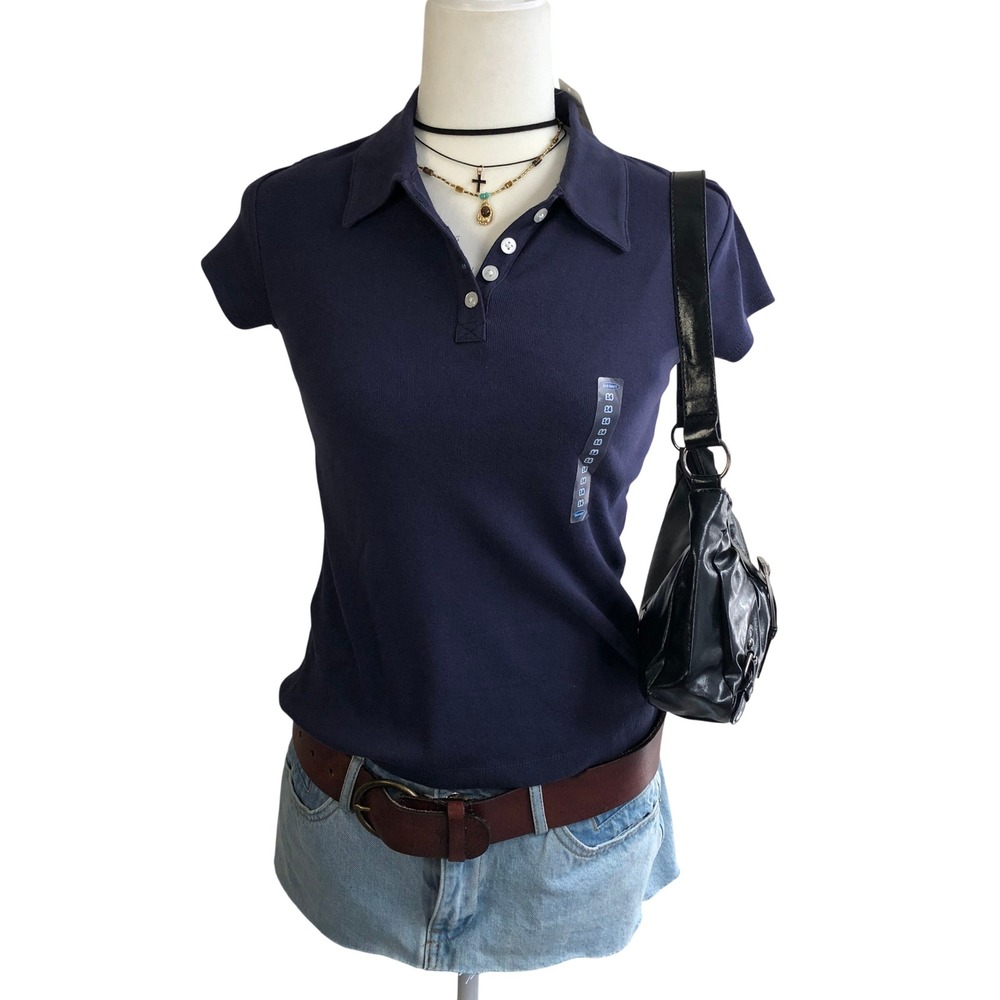 NWT Vintage Y2K 2003 Old Navy Navy Blue Polo Shirt Girls 14 Fits Womens XS S